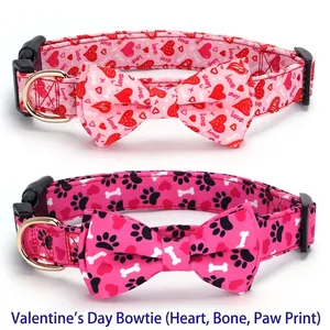 Pink pet collar set with heart patterns, dog bone prints, bows and gold D-rings