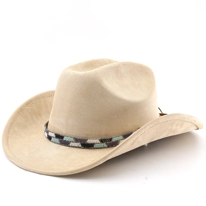 Close-up of suede cowboy hat with intricate ethnic beadwork and stitched brim detail