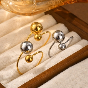 Minimalist Stainless Steel Open Ring For Women Double Round Ball Bead Artificial Pearl Adjustable Gold Silver Polished Jewelry