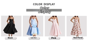 Detailed color display of sleeveless MIDI dress in black, blue, pink and floral prints