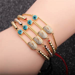 Evil Eye Safety Pin Adjustable Bracelet Copper With Cubic Zirconia Gold Plated Beaded Chain For Women