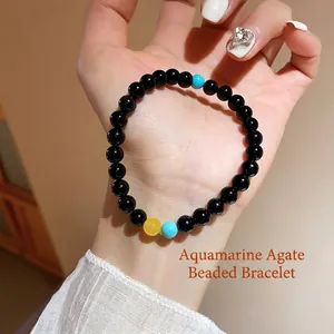 Vintage style beaded bracelet with black agate, aquamarine and yellow citrine stones
