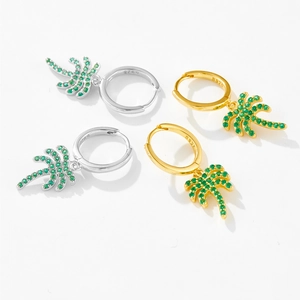 S925 sterling silver palm tree hoop earrings with green zircon in gold and silver