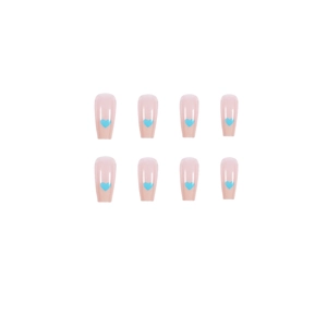 Translucent light blue heart press-on nails with nude pink gradient in rectangle shape