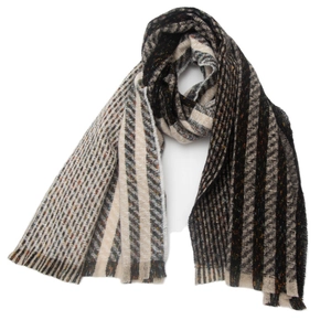 Detail shot of striped knitted scarf with black, white, beige textures and fringe ends