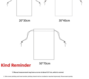 Detailed size chart for Christmas burlap bags showing 20x30cm, 30x40cm, and 50x70cm options