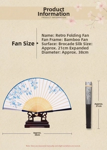 Classic folding fan with blue floral silk and bamboo frame including size specifications