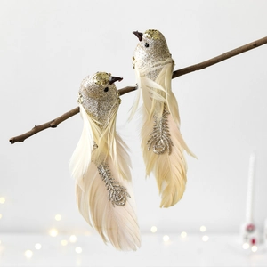 Pair of champagne gold glitter feather birds on a branch for Christmas tree decor
