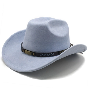 Detail of light blue faux suede cowboy hat with brown leather band and bronze studs