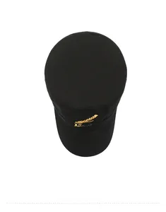Top view of black cotton military flat top cap with gold wheat embroidery details