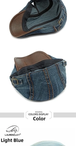Detail view of light blue denim newsboy cap with brown leather brim and metal side buckle