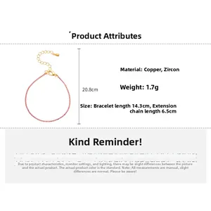 Detail specifications of golden chain bracelet with pink zircons and size measurements