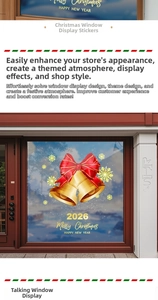 Close-up of golden Christmas bells window decals with 2026 Merry Christmas text