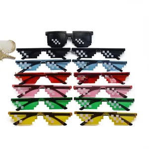 Detailed view of six colorful pixelated mosaic sunglasses for parties and cosplay