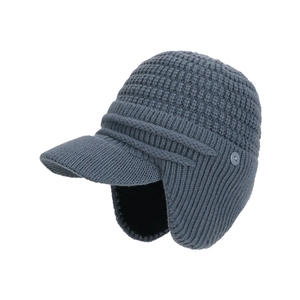 Winter knitted baseball cap with earflaps and warm fleece lining in gray color
