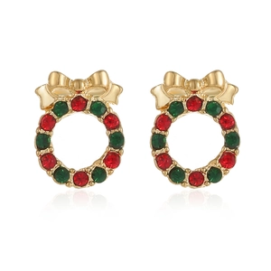 Detail of Christmas wreath earrings with gold bow and red green crystal stones
