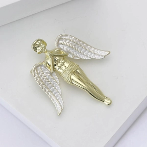 Fashionable gold angel brooch with white enamel wings for women suits and sweaters