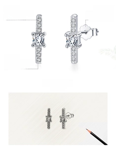 Detail of minimalist 925 silver bar earrings with 5A zircon inlay and design sketch