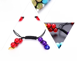 Detailed view of colorful natural stone beads with adjustable black braided cord knots