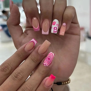 Unghie Finte Cuore Rosa Stile Francese Quadrato Lungo Unghie Finte Manicure Dolce Per Donne
