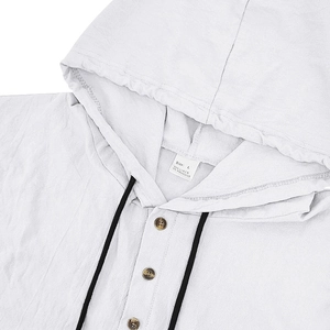 Detail of white linen hoodie neckline and buttons with 95% linen texture and L size tag