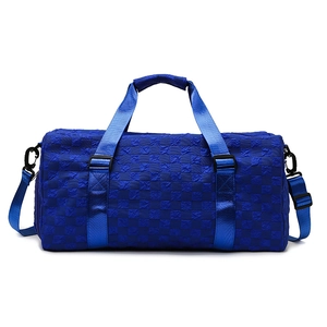 Blue plaid large capacity travel duffel bag with adjustable strap and top handles