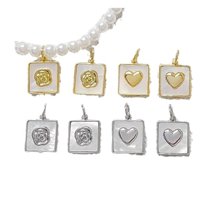 Copper heart and camellia pendants with mother of pearl inlay for jewelry making