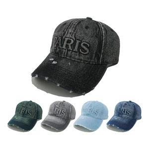 Washed Denim Baseball Cap Distressed Ripped Brim PARIS Letter Embroidery Vintage Style Sun Protection For Men Women