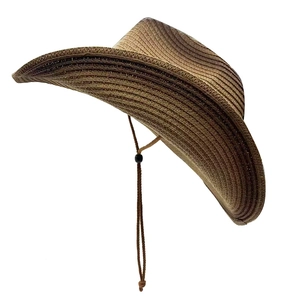 Classic wide-brim striped woven straw hat with adjustable brown chin strap for women