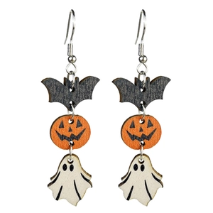 Bohemian Halloween wooden earrings featuring black bat, orange pumpkin, and white ghost