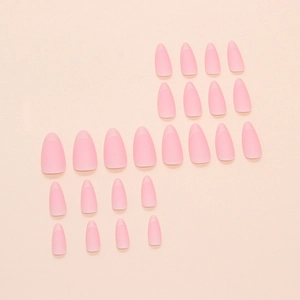 Matte light pink almond press-on nails with soft French tips, 24-piece manicure set