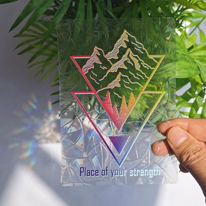 Rainbow prism suncatcher decal with geometric mountain design and quote detail