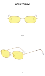 Detailed front and side views of vintage rectangular sunglasses with gold metal frames