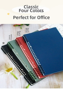 Close-up of frosted PP binder covers in four colors with durable metal spiral binding
