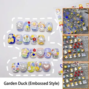 Self-adhesive 5D embossed nail stickers featuring garden duck and floral patterns