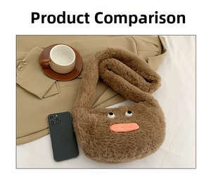 Detailed view of plush brown shoulder bag with cartoon features beside a smartphone