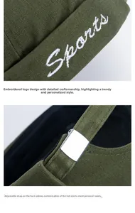 Detail of army green canvas docker hat showing Sports embroidery and metal buckle