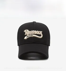 Front view of black baseball cap featuring 3D embroidered white lettering and textured fabric
