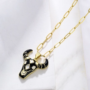 18K gold plated necklace featuring a black enamel bull head pendant with trendy hip-hop style