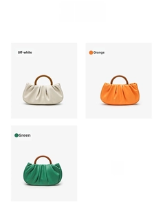 Three pleated cloud evening bags in beige, orange, and cyan with resin ring handles