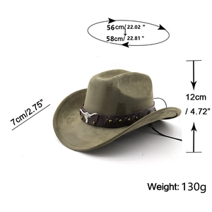 Detail view of dark green western cowboy hat with silver bull head and size measurements