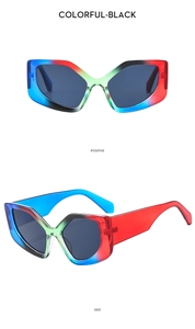 Front and side views of colorful-black polygon sunglasses with dark gray lenses
