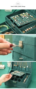 Macro view of velvet jewelry box featuring multiple layers, ring slots, and metal lock