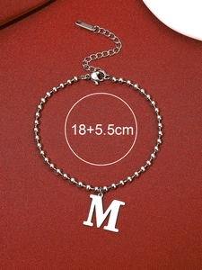 Silver bead anklet with M letter pendant and lobster clasp detail, length 18+5.5cm