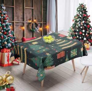 Deep green rectangular Christmas tablecloth with festive tree and gift box patterns