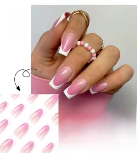 Macro detail of long coffin French nails with pink to white gradient finish