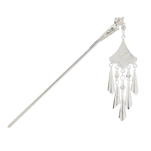 Traditional Hmong silver hair pin with heart tassel charms and hollowed pattern