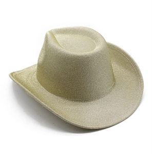 Detail of champagne gold sequin texture on a classic western style cowboy party hat