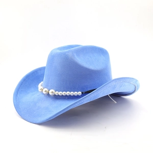Close-up of sky blue suede cowboy hat featuring elegant white pearl and gold bead trim
