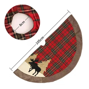 Classic red plaid Christmas tree skirt with reindeer embroidery 105cm size detail